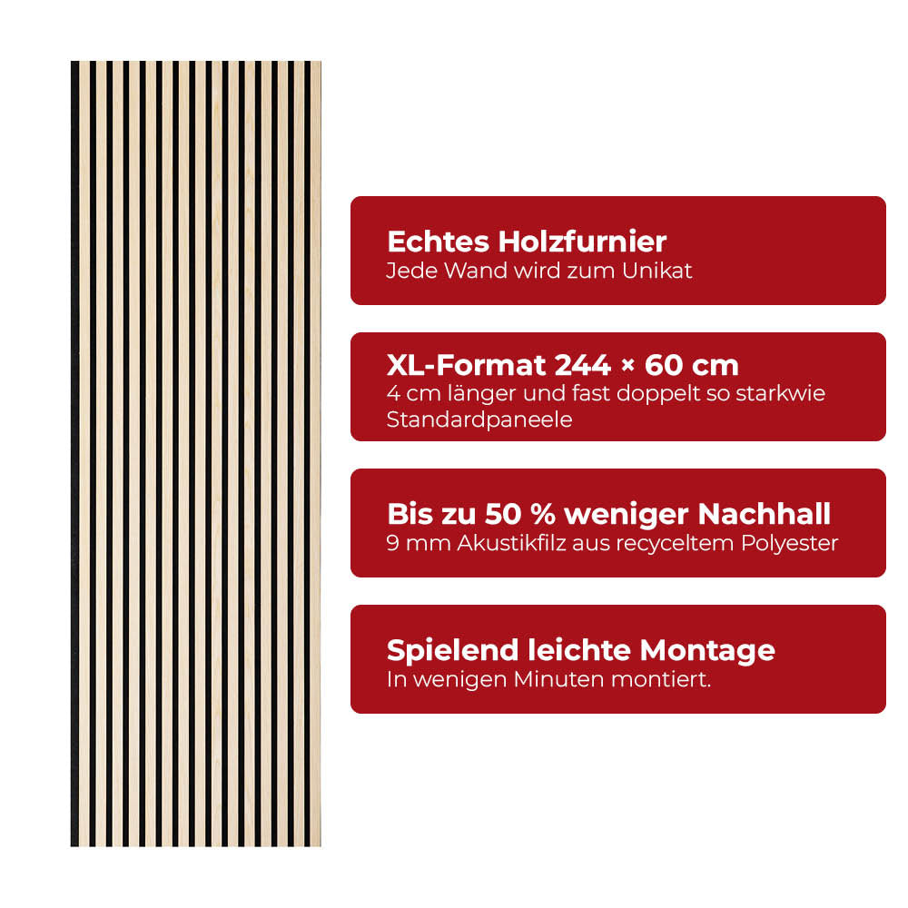 Akustikpaneel Premium Kiefer – Filz Schwarz 244 × 60 cm