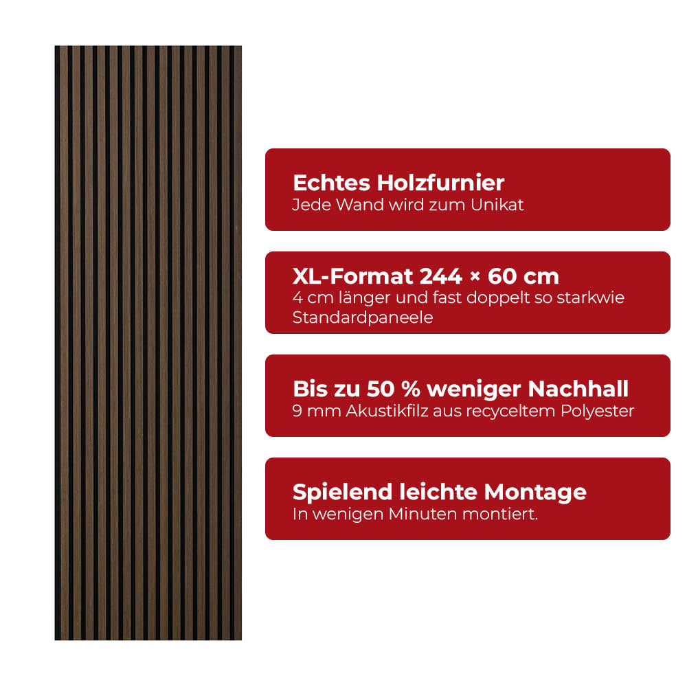 Akustikpaneel Premium Walnuss – Filz Schwarz 244 × 60 cm