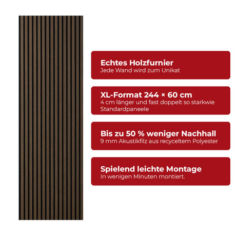Akustikpaneel Premium Walnuss – Filz Schwarz 244 × 60 cm